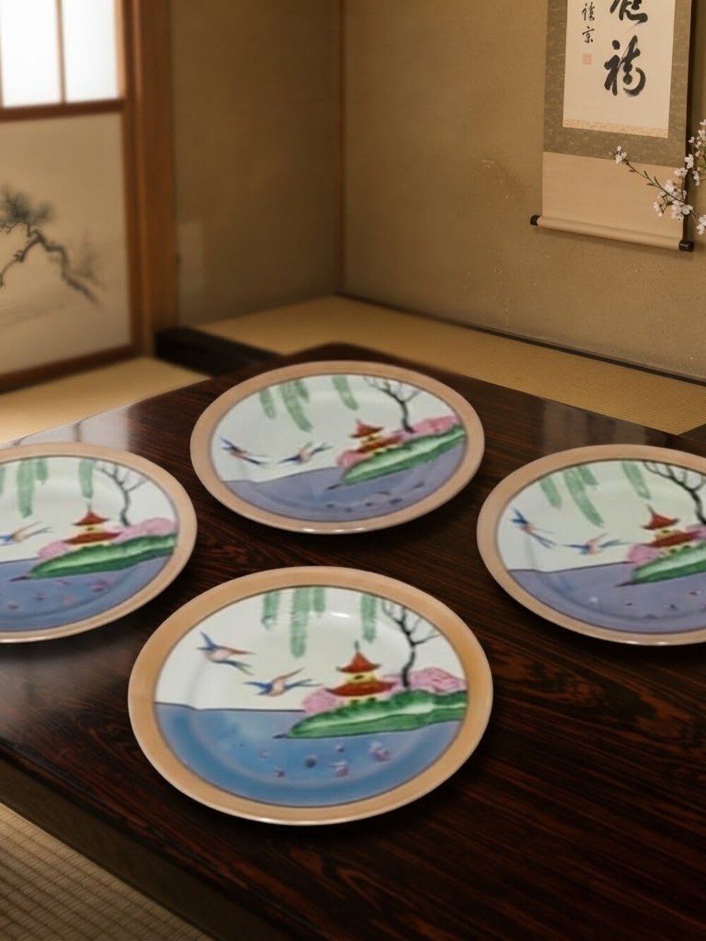 4 Vintage Japanese Hand Painted Gold Trim Lusterware Plates - Picture 2 of 16